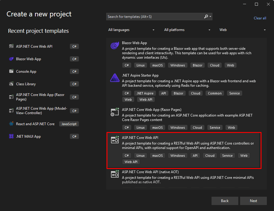 Tipul de proiect ASP .NET Core Web API