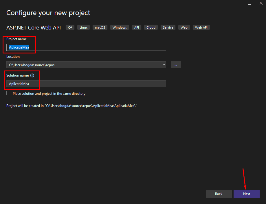 Setarea unui nume de proiect în Visual Studio 2022