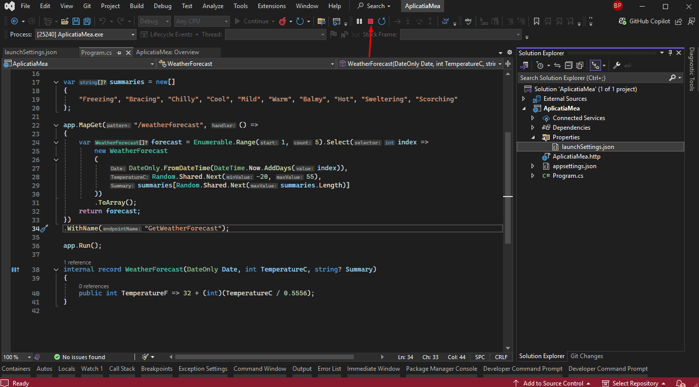 Oprirea aplicației în Visual Studio