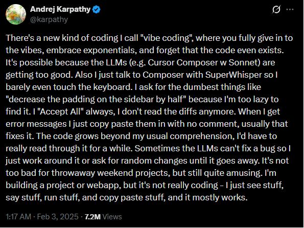 Tweet Andrej Karpathy - vibe coding